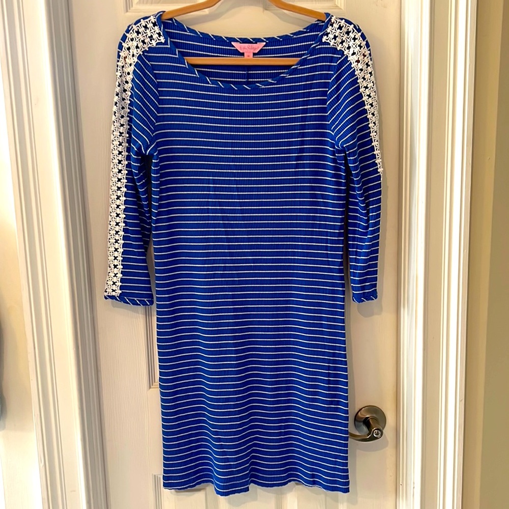 Lilly Pulitzer Ribbed Blue Striped Dress w/ Crotched Sleeve Detail
